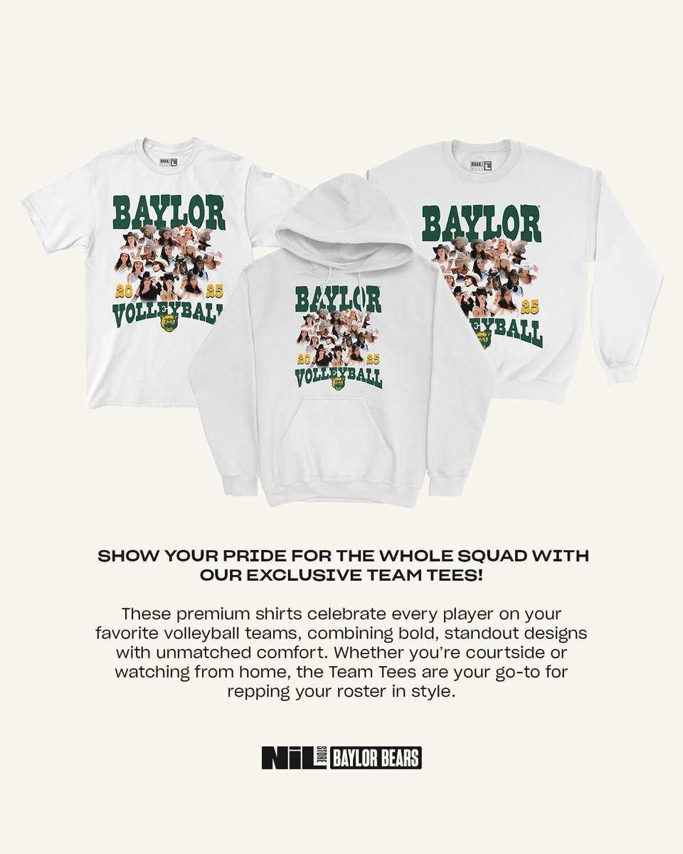 Giddy up, it’s the <a href="/BaylorVBall/">Baylor Volleyball</a> team tee! 

Featuring the entire squad, you can support the Bears in style with some Texas themed 🔥

Shop: nil.store/baylor/collect…