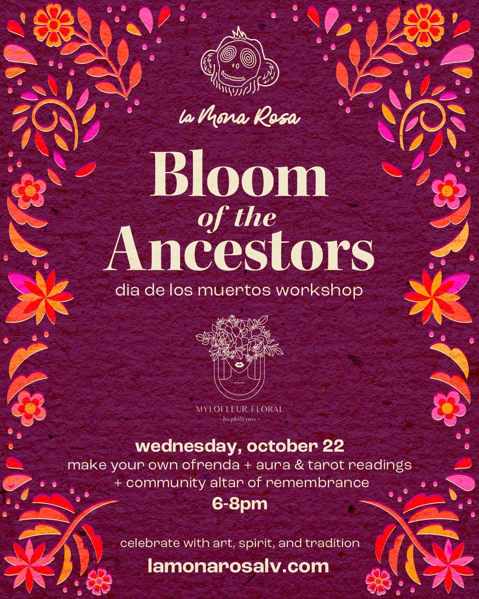 🌸✨ Bloom of the Ancestors ✨🌸
Join us for a Día de los Muertos workshop with @mylofleurdesign at La Mona Rosa 🌹

🕯 Make your own ofrenda
🔮 Aura &amp; tarot readings
💐 Community altar of remembrance

📅 Wednesday, Oct 22 | 6–8 PM
👉 lamonarosalv.com