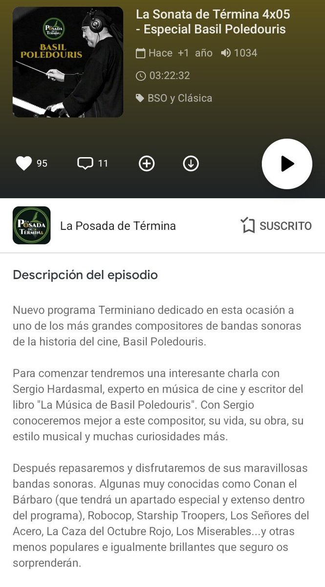 Imprescindible la sonatita de Basil ❤️👇
¡Te recomiendo que escuches este audio de iVoox! La Sonata de Términa 4x05 - Especial Basil Poledouris go.ivoox.com/rf/64390264