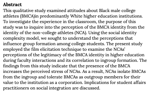 JIIAJournal's tweet photo. New article!

Do They Belong? Inquiries Into The Perceptions Of The Black Male College Athlete Identity In Higher Education

Marcis Fennell
Kayla Martinez
C.Keith Harrison
Whitney Griffin
Nick Kopka

https://t.co/f7P5tcaxb9 https://t.co/daKtqQVsbC