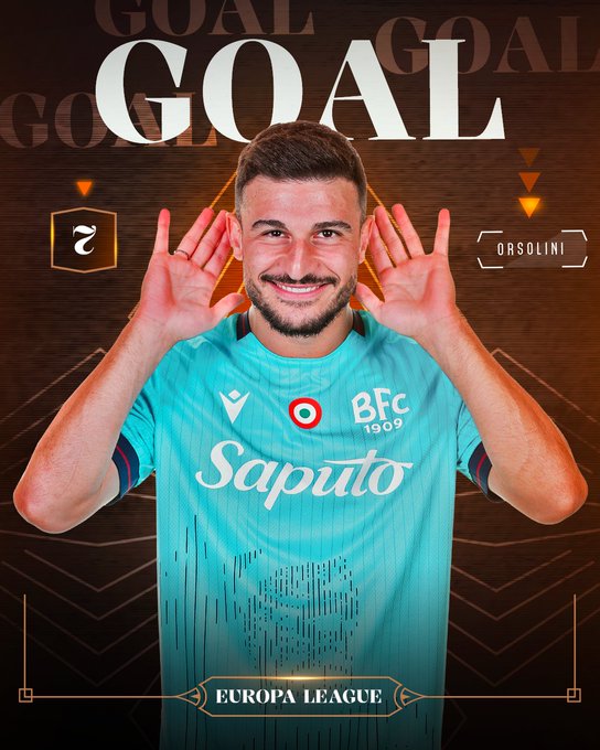 Riccardo Orsolini wearing a light blue Bologna FC 1909 jersey with "Saputo" text and a red and blue emblem. He stands with hands near his ears, smiling. The background features repeated "GOAL" text in white and orange, and "Europa League" text at the bottom.