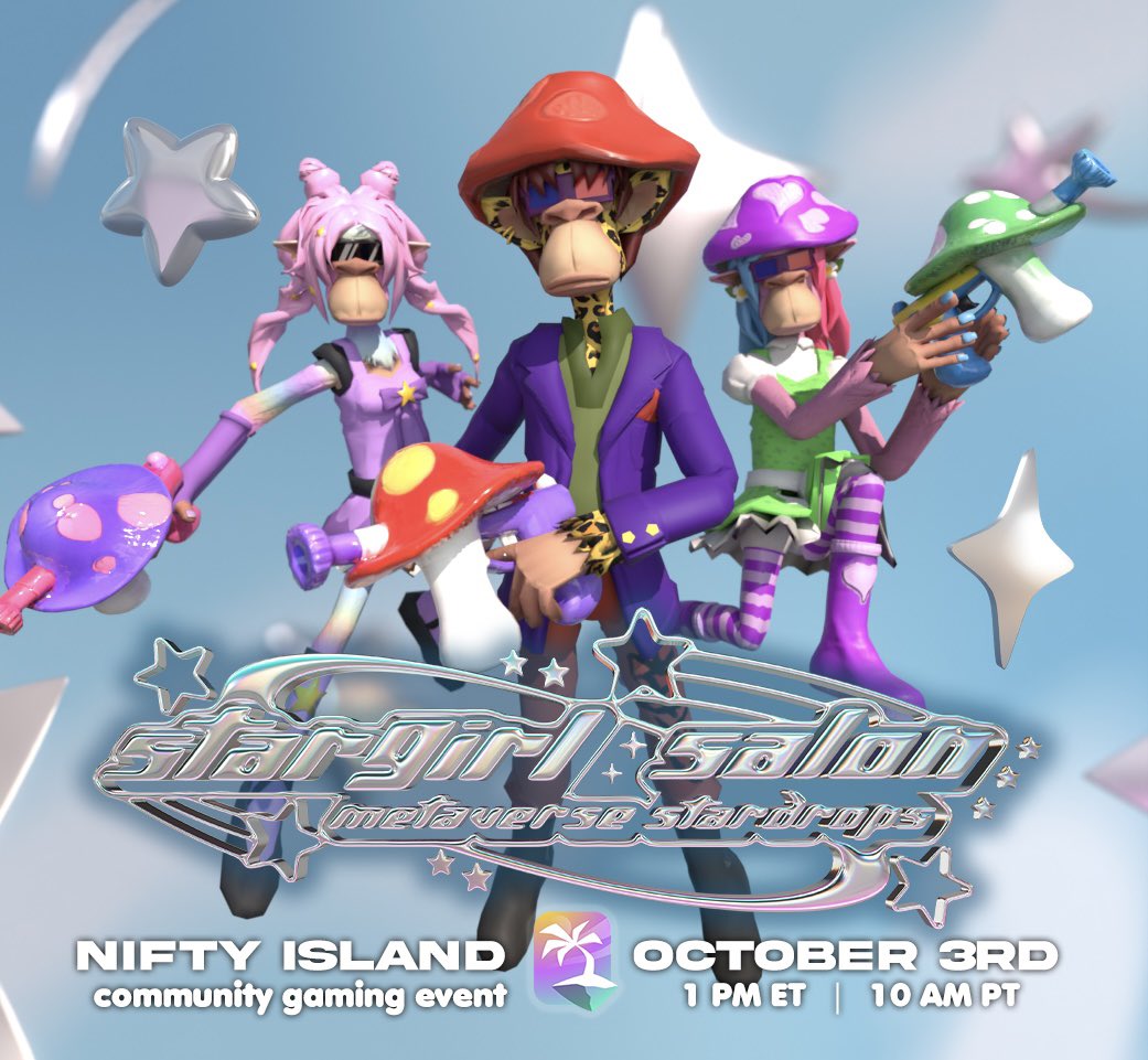 Stargirl Salon (@stargirlsalon) on Twitter photo Are you ready for our first community gaming event? Join us tomorrow in <a href="/Nifty_Island/">Nifty Island π</a> for games with other communities and prizes ποΈ
October 3rd @ 1 PM ET / 10 AM PT Are you ready for our first community gaming event? Join us tomorrow in <a href="/Nifty_Island/">Nifty Island π</a> for games with other communities and prizes ποΈ
October 3rd @ 1 PM ET / 10 AM PT