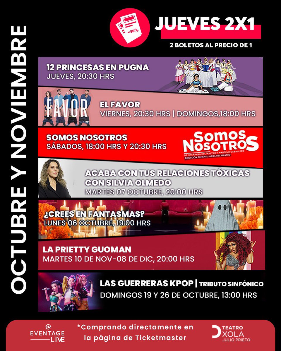 ¡Te recordamos que los jueves es de 2x1 en Ticketmaster!

Compra directamente en su página y obtén un 2x1 en nuestras obras participantes. 

Te compartimos el link: 

tmespeciales.ticketmaster.com.mx//microsite/jue…