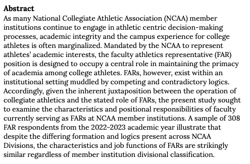 JIIAJournal's tweet photo. Want to learn more about Faculty Athletic Reps?

Meet the FARs: An Examination of the Background, Roles, and Appointment of Faculty Athletic Representatives at NCAA Institutions

Corr et al.

https://t.co/8RmFCLcE7U https://t.co/RRxQVSN738