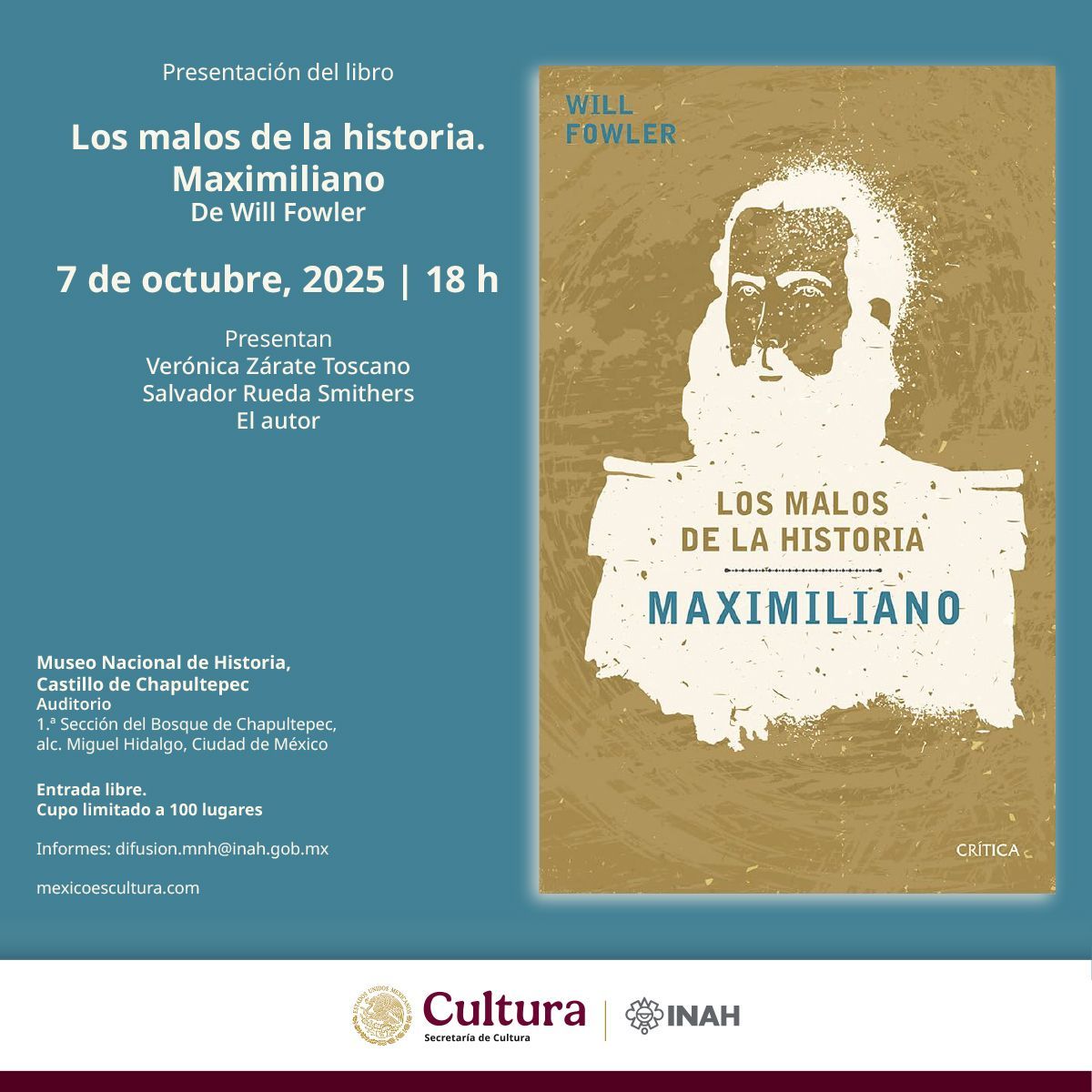 Museodehistoria's tweet image. Este 7 de octubre a las 6 pm. te invitamos a la presentación del libro &quot;Los malos de la historia: Maximiliano&quot; del Dr. Will Fowler.

Es entrada libre, con cupo limitado. #literatura #MuseoNacionalDeHistoria #CastilloDeChapultepec