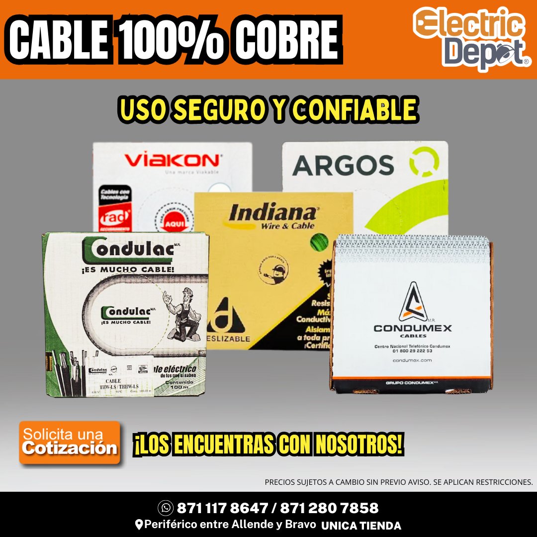 electric_depot's tweet photo. En #ElectricDepot encuentra el cable 100% #COBRE en marca 𝐕𝐢𝐚𝐤𝐨𝐧, 𝐀𝐫𝐠𝐨𝐬, 𝐈𝐧𝐝𝐢𝐚𝐧𝐚, 𝐂𝐨𝐧𝐝𝐮𝐥𝐚𝐜 y 𝐂𝐨𝐧𝐝𝐮𝐦𝐞𝐱✅

👇𝐂𝐎𝐓𝐈𝐙𝐀𝐂𝐈𝐎𝐍𝐄𝐒 𝐘 𝐏𝐄𝐃𝐈𝐃𝐎𝐒👇
📲 871 117 8647 / 871 280 7858
📍 Periférico entre Allende y Bravo, frente al Torreón Rojo. https://t.co/AnlVqaPgyT
