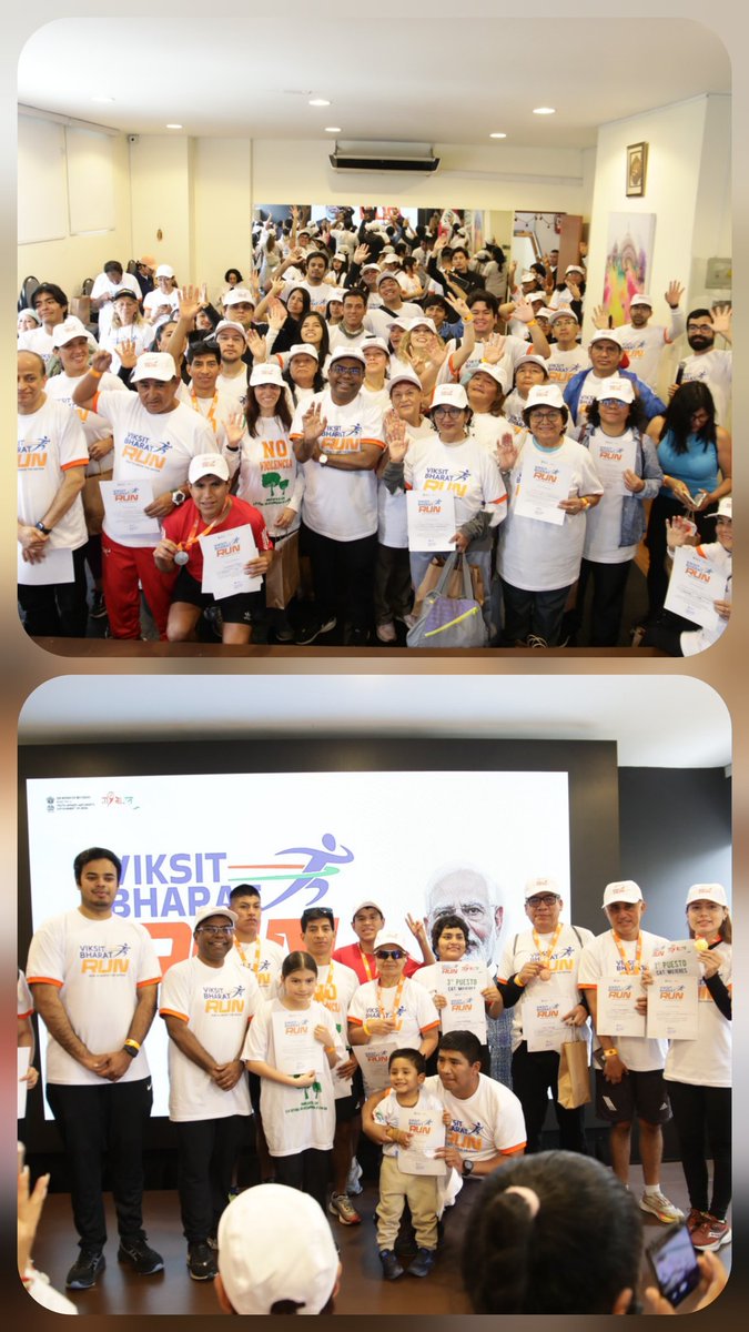 eoilima's tweet photo. On the birth anniversary of Mahatma Gandhi on 2 Oct 2025, as a part of #SevaParv
@eoilima arranged a #VikasitBharatRun 
🏃🏃‍♀️from Mahatma Gandhi's bust in Lince Park @Muni_Lince ,Lima,Peru  🇵🇪 to @eoilima. Over 250 Peruvian Friends of India & Indian Community members enthusiastically participated in the Run. Three awards in each category were given for Male/Female/Elderly group winners apart from appreciation certificates for all participants.