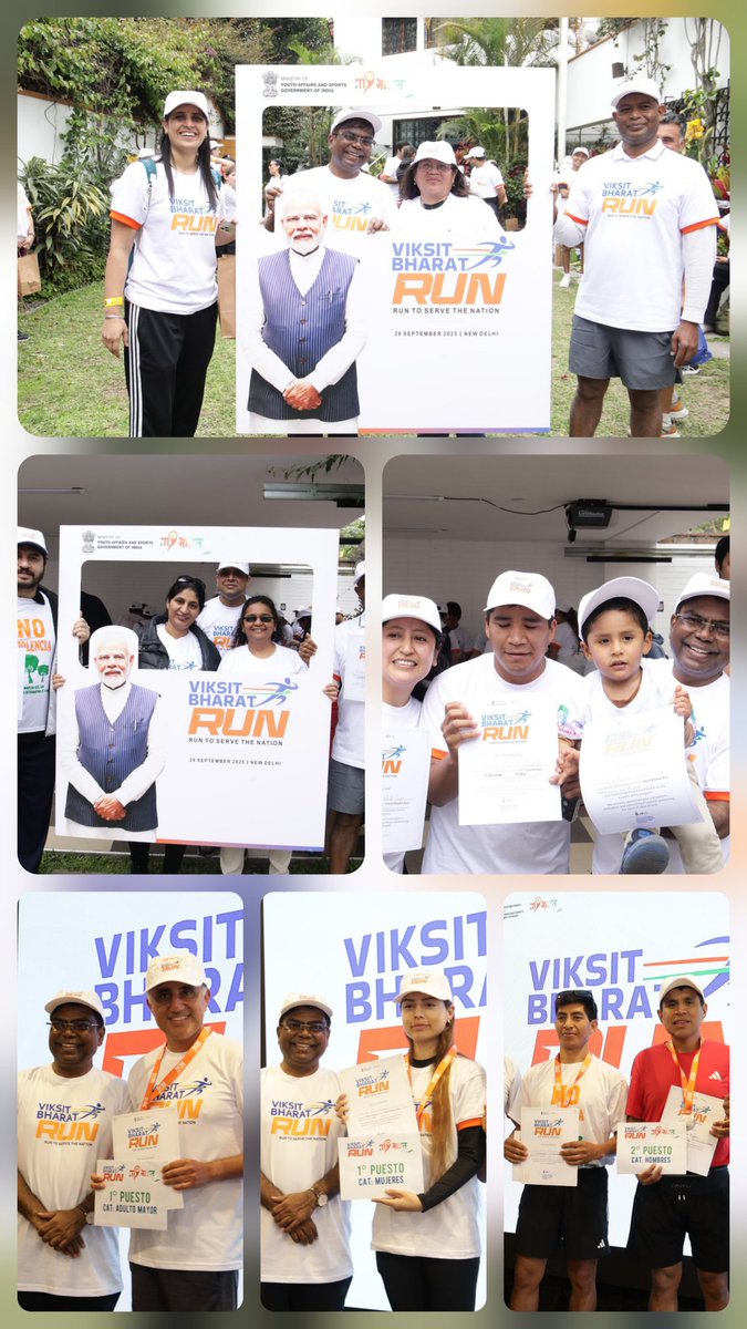 eoilima's tweet photo. On the birth anniversary of Mahatma Gandhi on 2 Oct 2025, as a part of #SevaParv
@eoilima arranged a #VikasitBharatRun 
🏃🏃‍♀️from Mahatma Gandhi's bust in Lince Park @Muni_Lince ,Lima,Peru  🇵🇪 to @eoilima. Over 250 Peruvian Friends of India & Indian Community members enthusiastically participated in the Run. Three awards in each category were given for Male/Female/Elderly group winners apart from appreciation certificates for all participants.