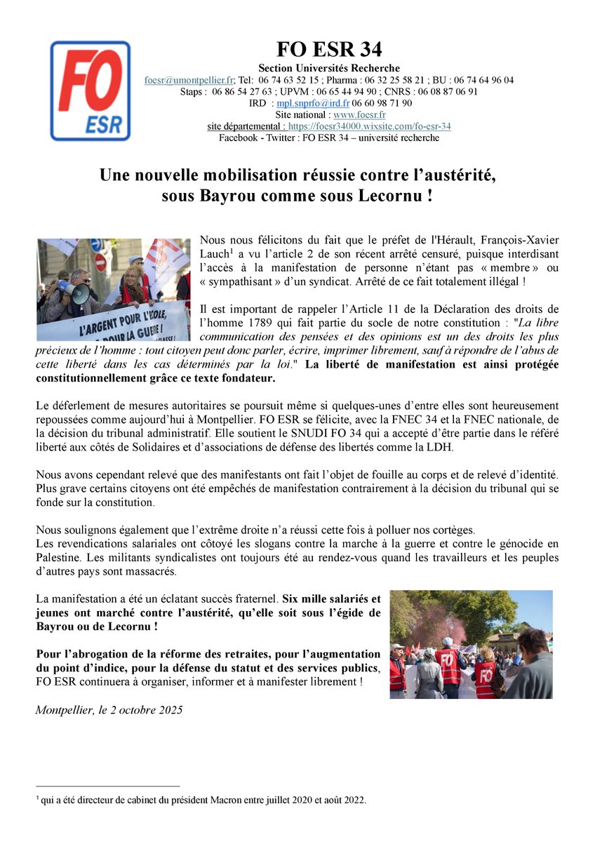 FOESR34's tweet photo. Malgré l'arrêté préfectoral - retoqué -, une nouvelle mobilisation réussie contre l'austérité, sous Bayrou comme sous Lecornu ! Communiqué FO ESR 34 #manifestation #2octobre https://t.co/ev83WZny46
