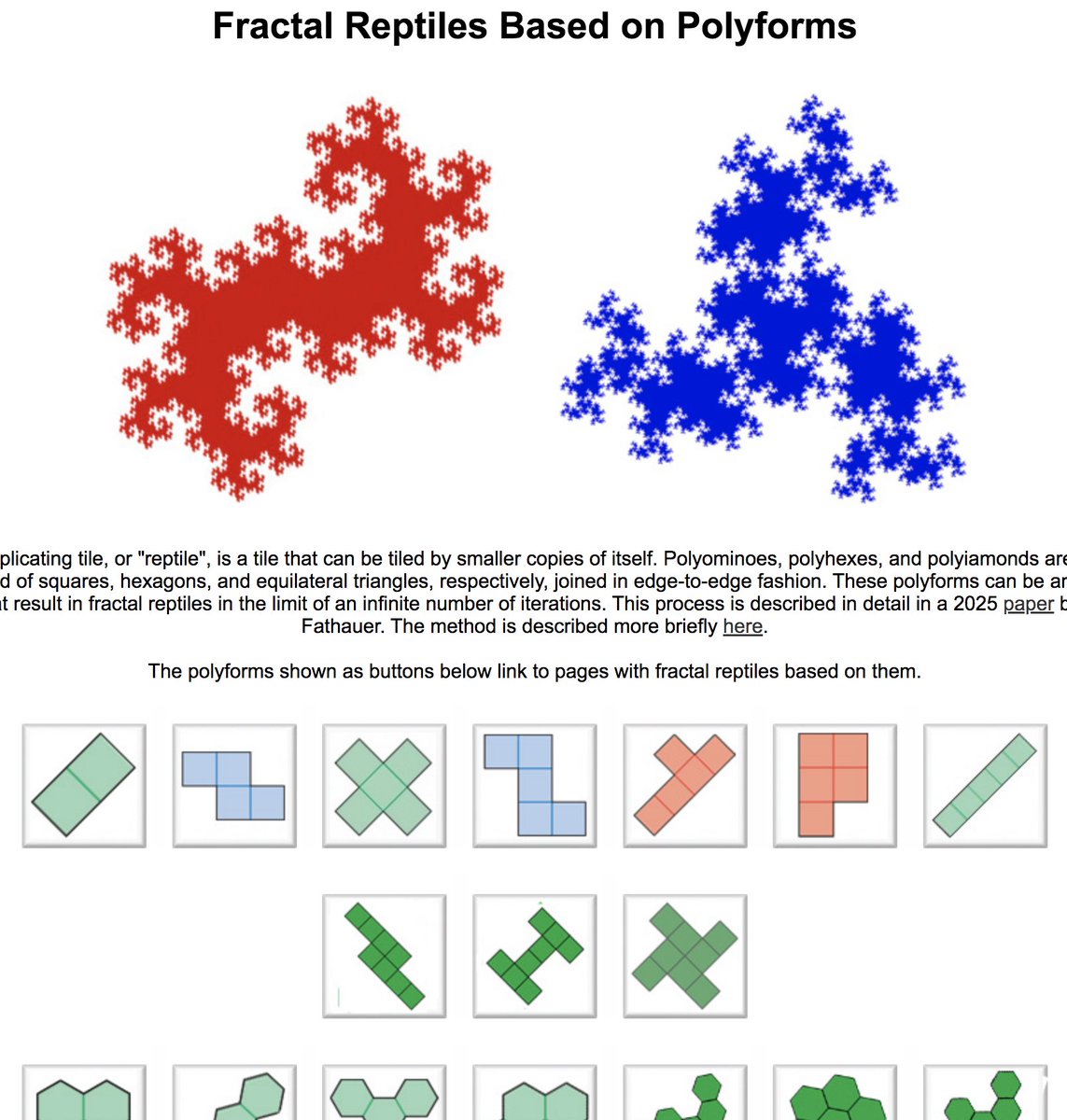 RobFathauerArt's tweet image. I just finished a new website on fractal self-replicating tiles ("reptiles") based on polyominoes, polyhexes, and polyiamonds: mathartfun.com/fractaldiversi…