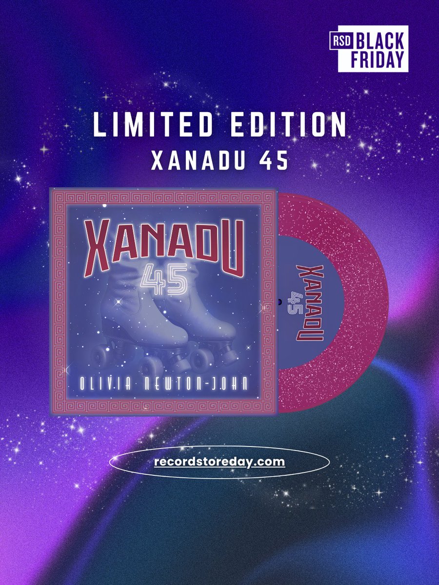 olivianj's tweet photo. Olivia Newton-John is supporting indie record stores with the release of Xanadu 45 on November 28 as part of @recordstoreday Black Friday! Only at participating stores!  Pre-order is not available. For more information and to find a store near you, visit https://t.co/2lDRsQ9y8f https://t.co/g7fbRBzX06