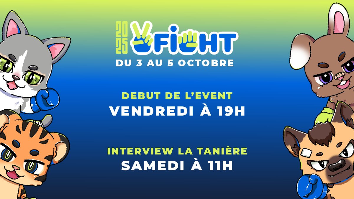 ✨Interview et horaire de début✨

Bonsoir tout le monde, 

Plus que 1 journée avant le début du Vfight et cette année nous avons l'honneur d'avoir les fondateurs de la Tanière, Francine et Patrick Violas, pour une interview samedi matin 11h sur la chaîne de <a href="/iotaDraconisVT/">iota Draconis 🖤🌌 ~</a> 

A