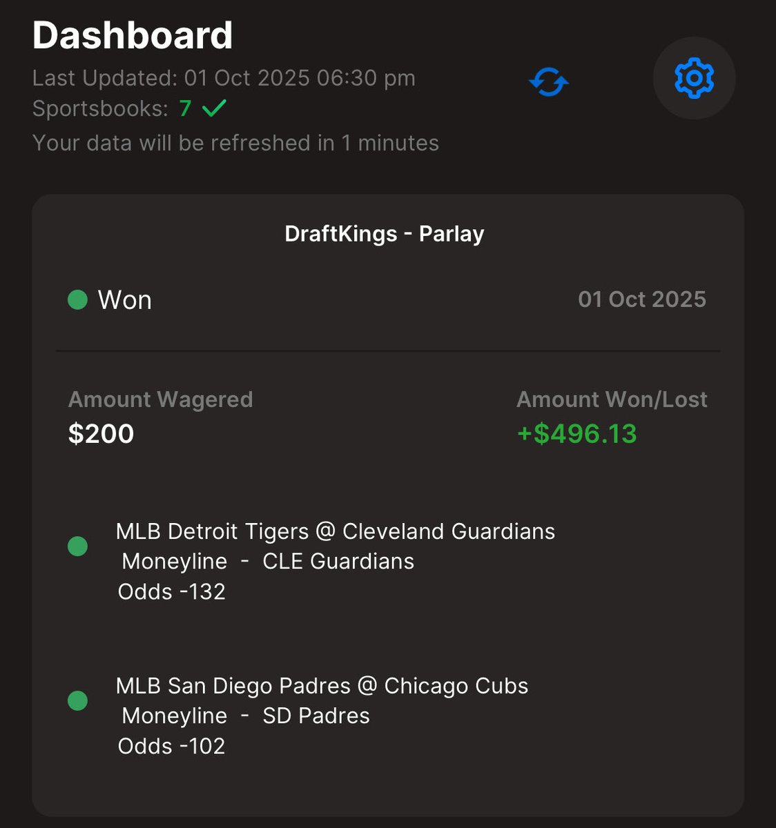 myBetLocker's tweet photo. We are now 48-52 for the year after the Cleve/SD parlay won (see the mBL screenshot). Today we are going to take Cleveland ML (-120 on DK - see screenshot). Download @mybetlocker to track &amp; analyze your bets - see screenshot of our myBetLocker dashboard tracking our bet https://t.co/xHa9smjCP3