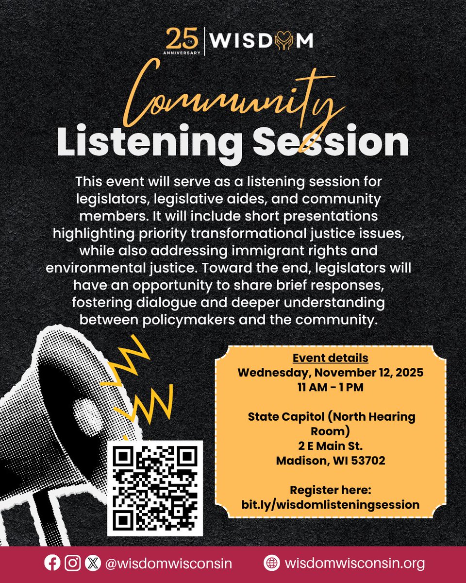 Join WISDOM for a Community Listening Session with legislators, community members, and advocates. 

📅 Wednesday, Nov 12, 2025
🕚 11 AM – 1 PM
📍 State Capitol, Madison, WI (North Hearing Room)
✅ Register here: bit.ly/wisdomlistenin…