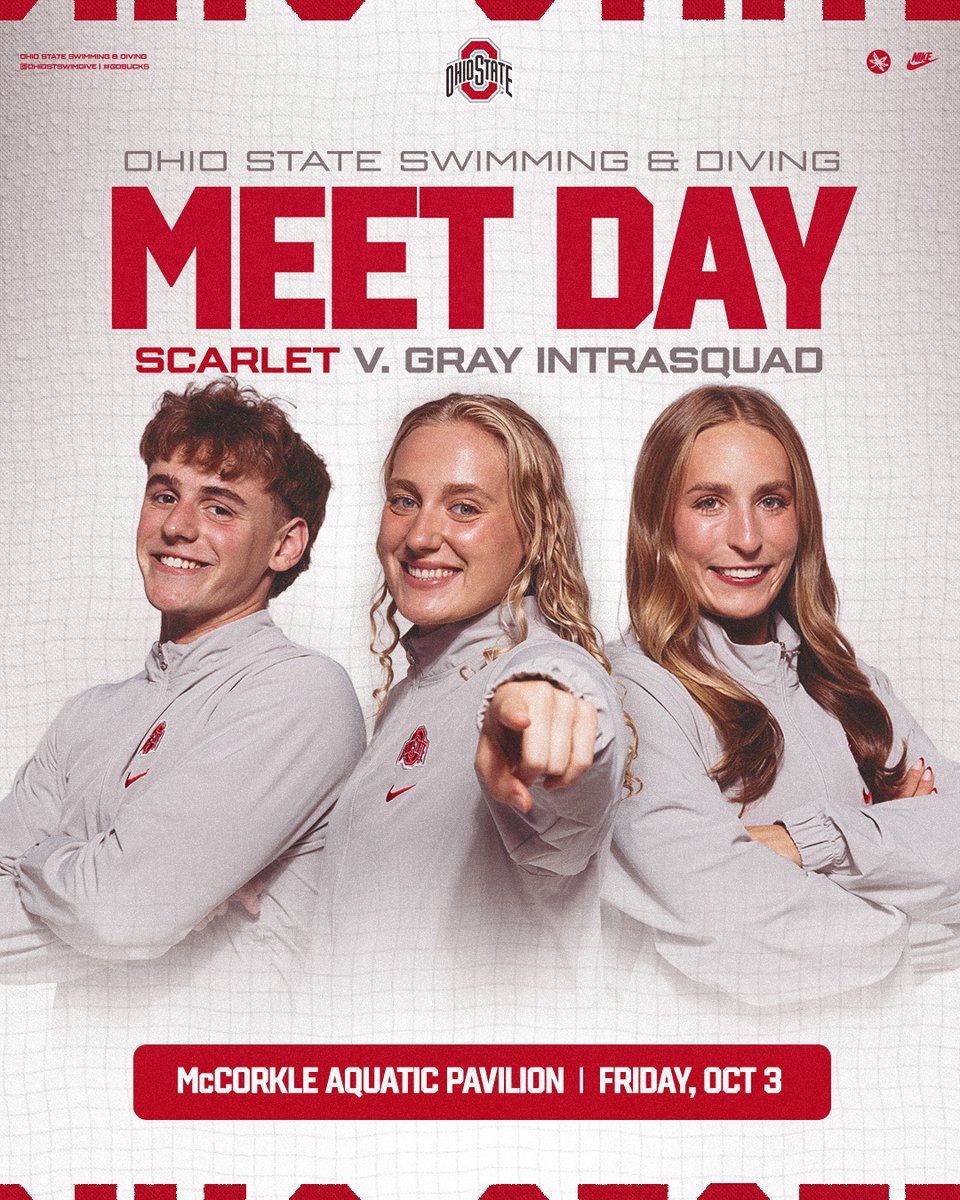 Scarlet v. Gray Intrasquad coming 🆙

🕔 5:00 PM
📍 Columbus, Ohio
🏟️ McCorkle Aquatic Pavilion
🆓 Admission

#GoBucks
