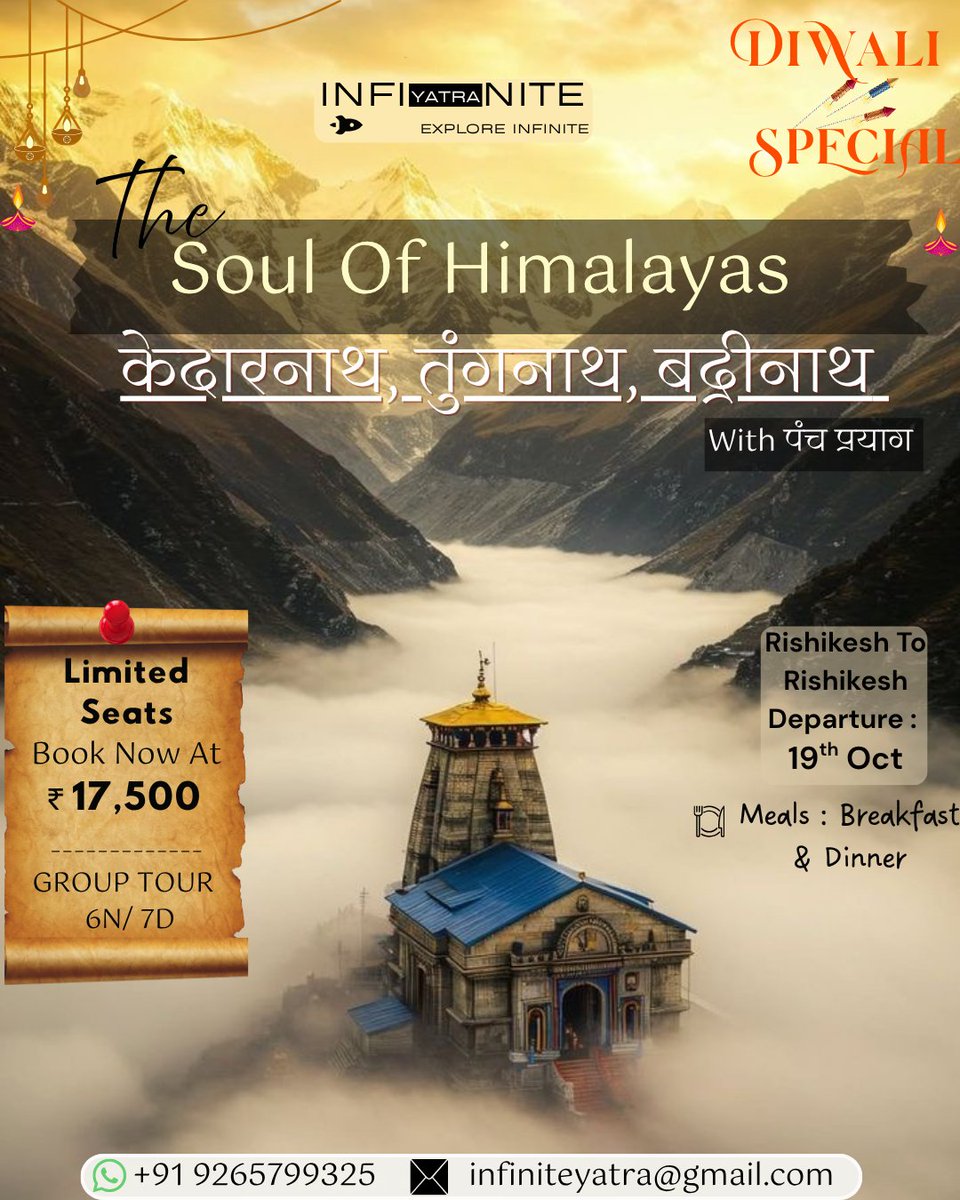 ParthUTC's tweet photo. 🌄 Our first journey begins!
The Soul of Himalayas 🏔️✨

7 Days across Kedarnath, Tungnath, Badrinath, Mana &amp; Rishikesh.
Trek. Pray. Explore. Transform. 🙏

📍 Limited seats | DM to join
#InfiniteYatra #SoulOfHimalayas #ExploreInfinite https://t.co/Ng9a7Andbn