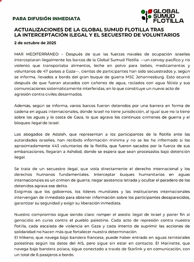 quorum_mx's tweet image. 📣🚨😡⛵️La #GlobalSumudFlotilla, denuncia que 39 de los 40 #barcos fueron detenidos por el #ejército #genocida #israelí.

Además que las autoridades del #estado #ilegítimo y #genocida de #Israel no ha permitido a la #defensa legal de las y los #activistas #secuestrados verles.