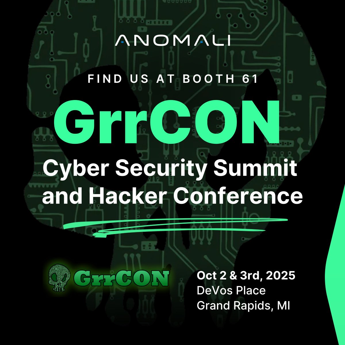 marcamccormick's tweet photo. 🔒 #GrrCON2025 starts now. Join Anomali at Booth 61 for conversation, demos, and insights on how we puts intelligence at the core of #cybersecurity + Happy Hour with GuidePoint Security this evening: Thursday, Oct 2, 5 – 9pm ET. 🔗🥂 Register here: https://t.co/tEbGP8hXhe https://t.co/lcTZ0dNB39