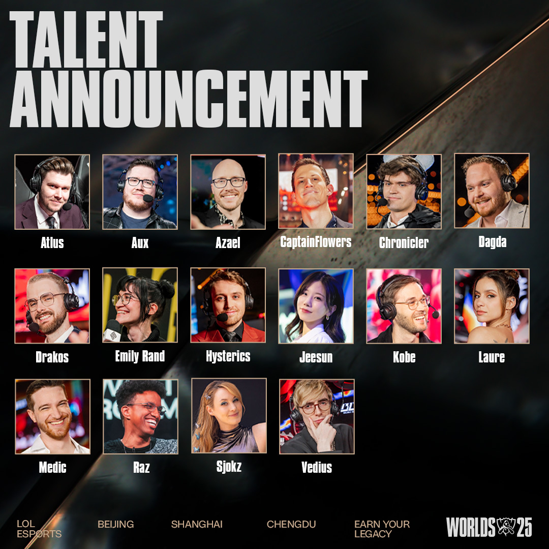 📢 LoL Esports announces the #Worlds2025 Broadcast Talent Team 🎙️

Featuring:
<a href="/Atlustv/">Max Anderson</a> <a href="/AuxCasts/">Dan Harrison</a> <a href="/AzaelOfficial/">Isaac CB</a> <a href="/CaptainFlowers/">Clayton Raines</a> <a href="/ChroniclerCasts/">Chronicler 🐦‍🔥</a> <a href="/DagdaCasts/">Rob Price</a> <a href="/DanielDrakos/">Drakos</a> <a href="/leagueofemily/">Emily Rand</a> <a href="/HystericsCasts/">Hysterics</a> <a href="/ZeetwoZ2/">Jeesun Park</a> <a href="/esports_kobe/">Kobe</a> <a href="/LaureBuliiV/">Laure Valée</a> <a href="/MedicCasts/">Medic</a> <a href="/razlol/">Barento</a> <a href="/sjokz/">Eefje Depoortere</a> <a href="/Vedius/">Andy Day</a>

The