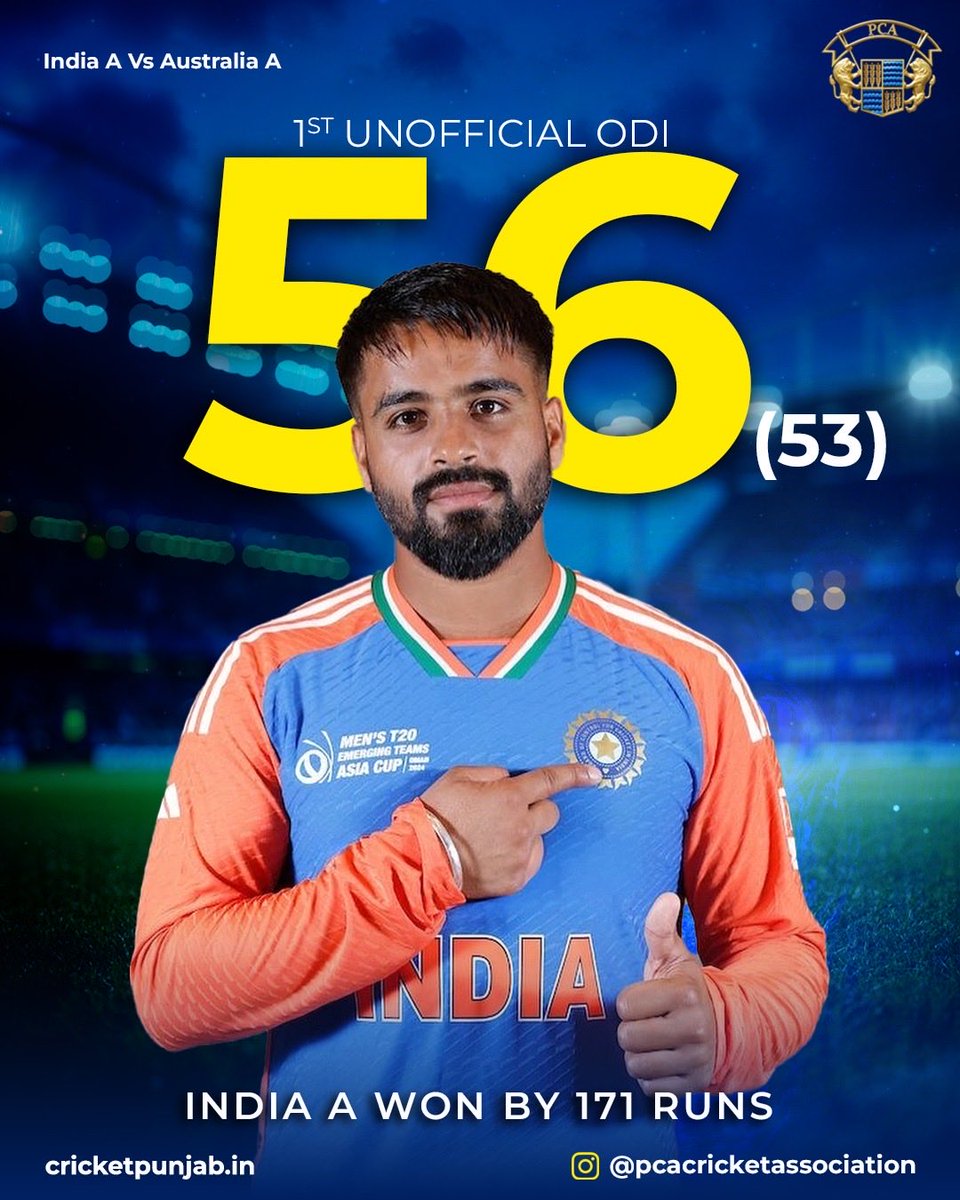 pcacricket's tweet image. 💥 Prabhsimran Singh shines at the top! 💥

He scored a solid 56 off 53 balls, smashing 6 fours and 2 sixes 🏏✨
His knock set the tone in a game that India A won by 171 runs against Australia A. 🙌🔥

#PCA #PunjabCricket #PrabhsimranSingh #IndiaAvsAustraliaA