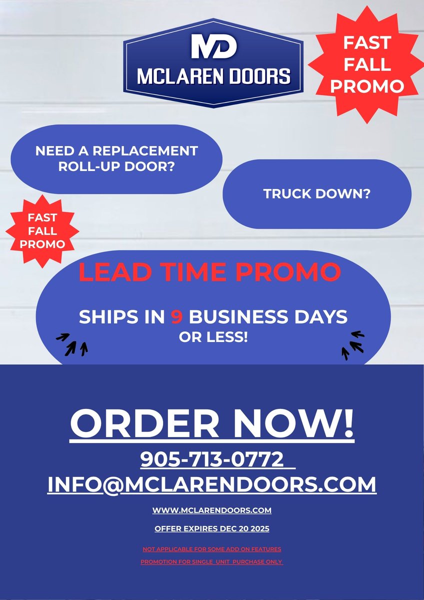 🍂 FAST FALL PROMO IS HERE! 🍂
 Need a replacement roll-up door? Is your truck down and time is critical? We’ve got you covered #TogetherWeRoll #rollupdoors #TransportationIndustry #Trucking #fleets 
 Offer expires December 20, 2025
 905-713-0772 
 🌐 mclarendoors.com