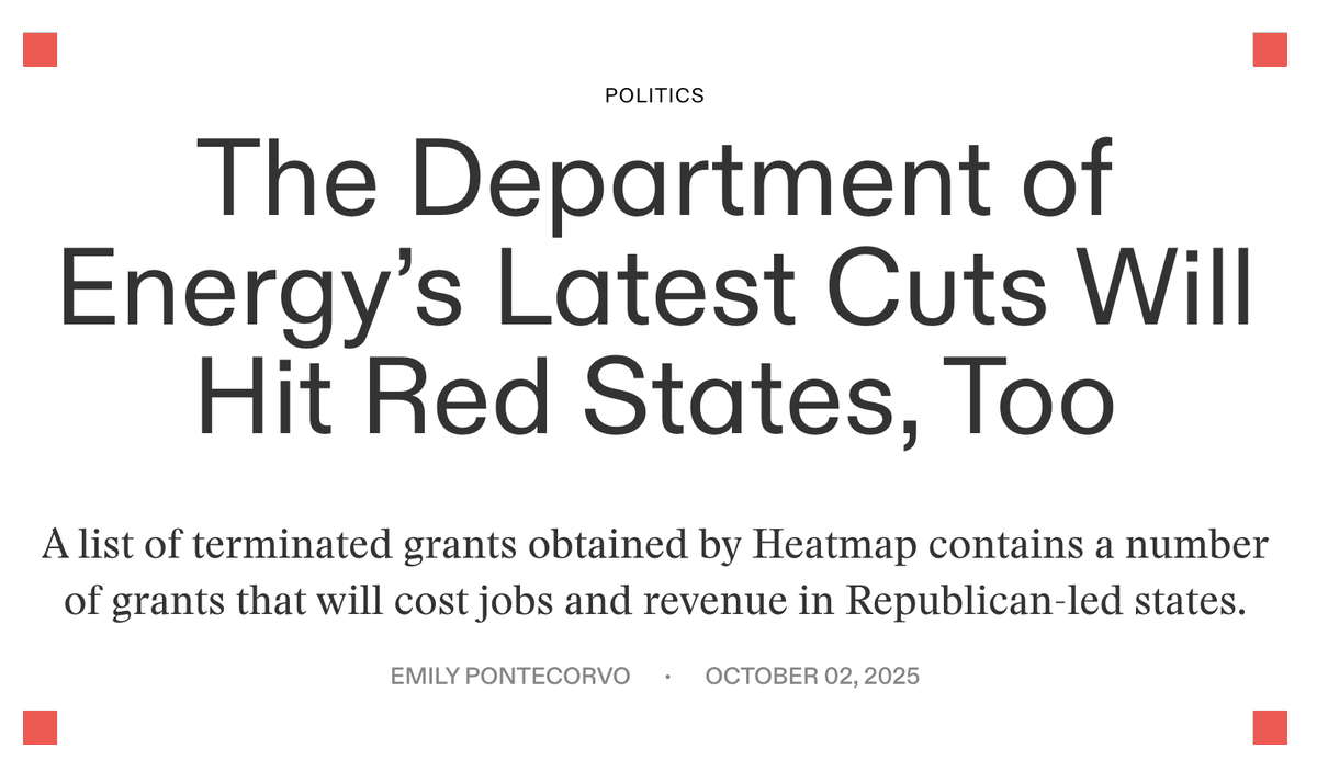 Emily Pontecorvo (@emilypont) on Twitter photo Other news outlets are repeating the Trump administration's narrative that DOE cancelled grants in blue states. Well, that's not really true. Here's my analysis of the list:
heatmap.news/politics/doe-c… Other news outlets are repeating the Trump administration's narrative that DOE cancelled grants in blue states. Well, that's not really true. Here's my analysis of the list:
heatmap.news/politics/doe-c…
