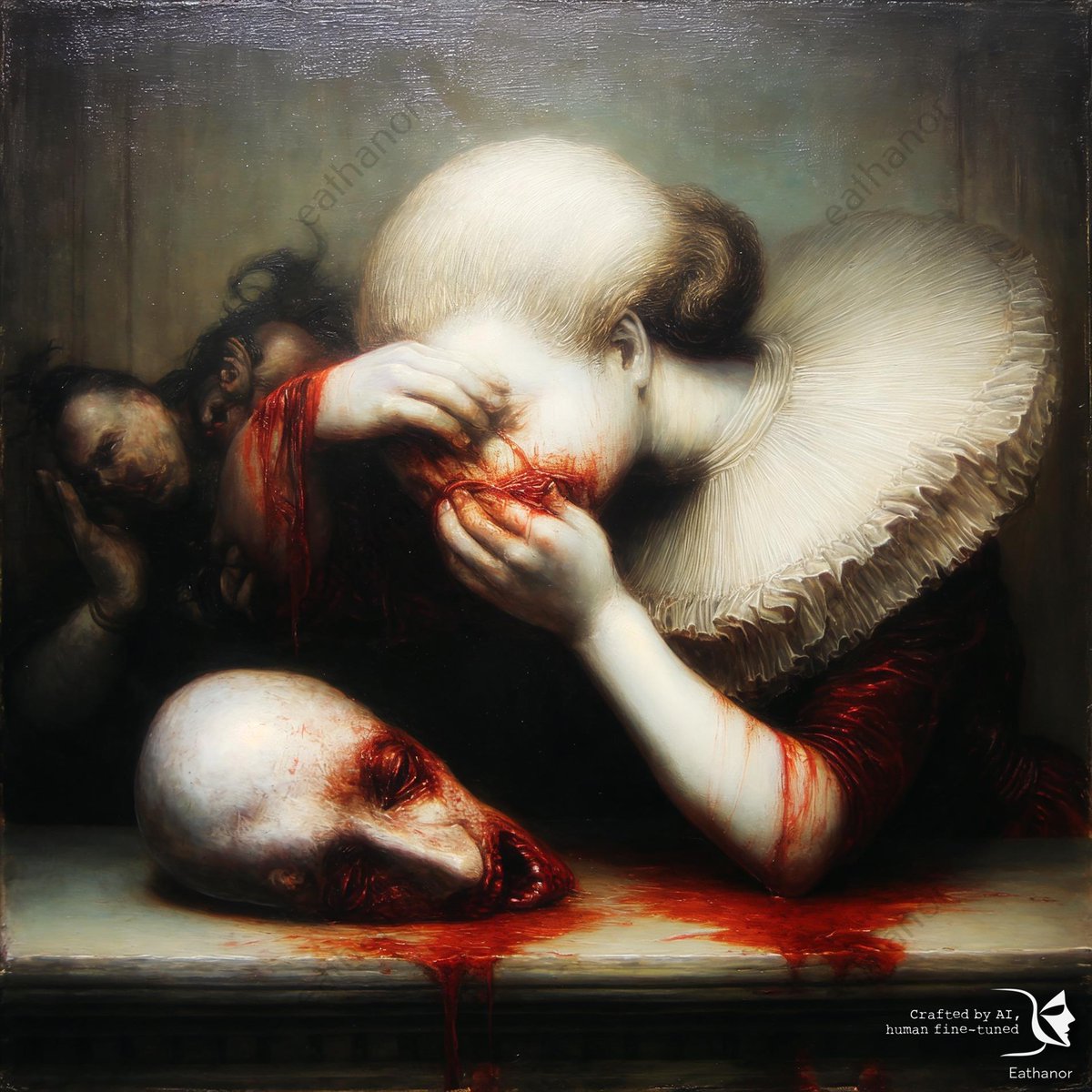 eathanor's tweet image. "Faces and Forgotten Joy"

In a hall of faded laughter, she devours sorrow as if it were sustenance. The mask bleeds, the collar stiffens, and shadows lean closer to the grotesque communion.

#DarkSurrealism #MacabreArt #AIArt