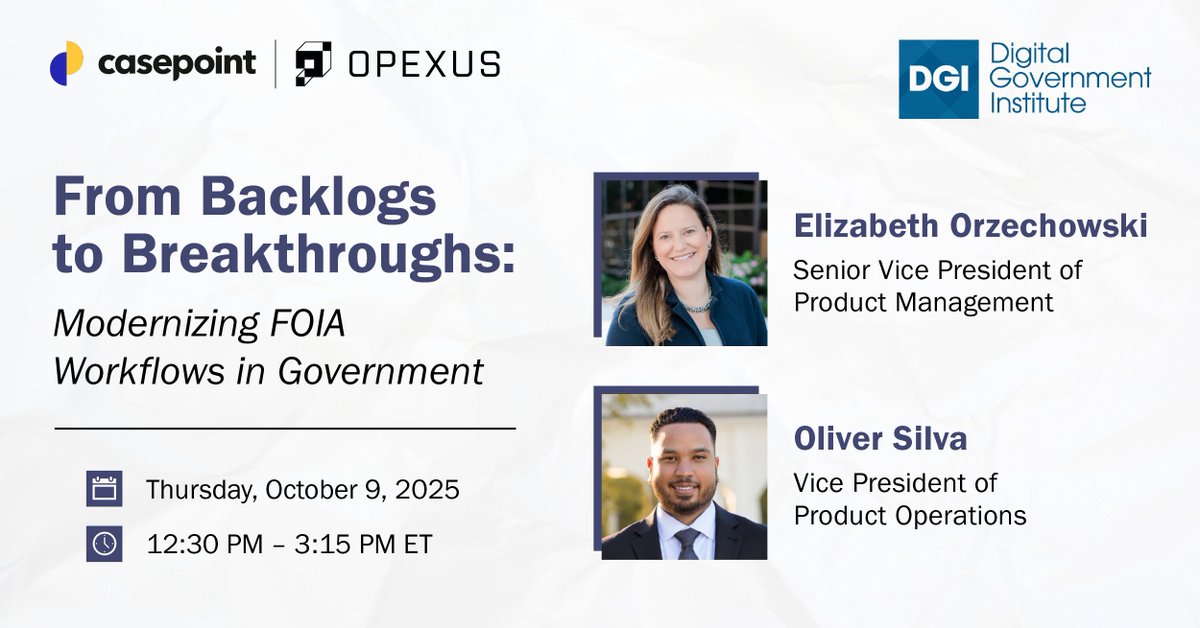 OpexusTech's tweet photo. 🚨 Elizabeth Orzechowski (SVP, Product Management) and Oliver Silva (VP, Product Operations) are speaking in DGI’s FOIA Innovations and Best Practices Virtual Workshop!

👉 Reserve your spot today: https://t.co/nFtejFYSK7

#GovTech #FOIA #Modernization #DGI https://t.co/hf5uW16OJg