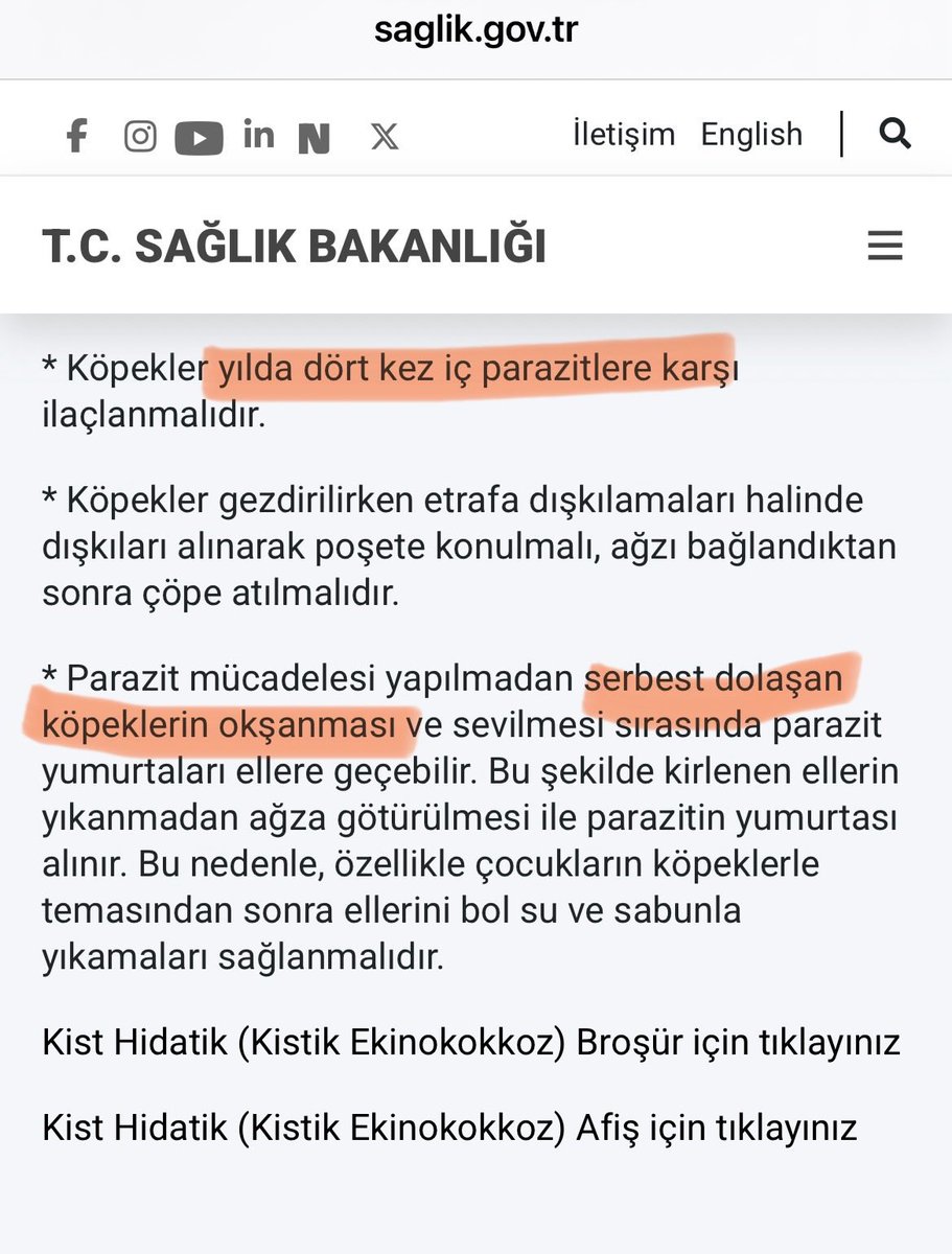 Sağlık bakanlığımız uyarıyor: 

‘Yılda 4 kez parazit mücadelesi yapılmamış, serbest dolaşan köpeklere dokunmayın, sevmeyin!’ 

#kisthidatik
#sokaktabaşıboşolmaz
saglik.gov.tr/TR,4076/kist-h…
