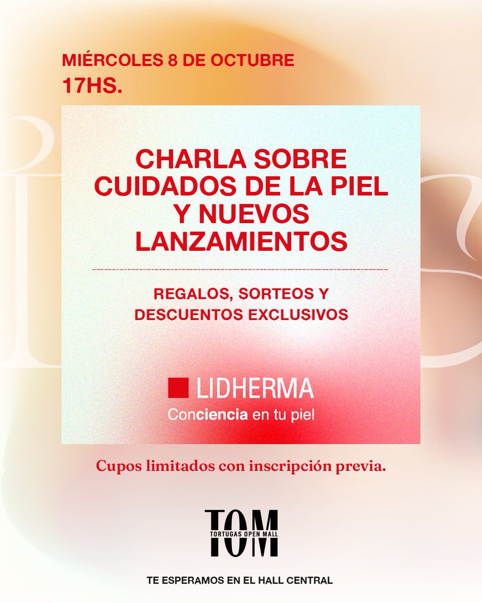 ¡Atención! 💫
El miércoles 8/10 - 17 hs tendremos una charla exclusiva sobre skincare y nuevos lanzamientos en Estación TOM en nuestro hall central. 
 ¡Regalos, sorteos y descuentos especiales para vos! 🎁

📲 Inscribite al 1154886051
Ojo que los cupos son limitados 👀