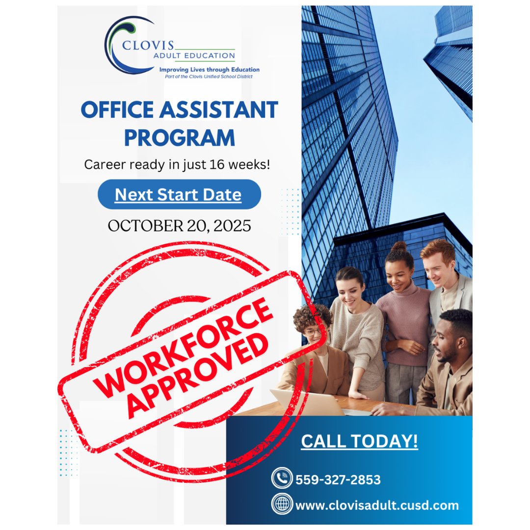 GREAT NEWS! This program is now Workforce Approved!
Why wait? This is your chance to gain the skills you need to succeed in any office setting.
Our next session starts on October 20th. Call 559-327-2853 to get started.
#WorkForce #Approved #Clovis #AdultEducation #ClovisAdultEd