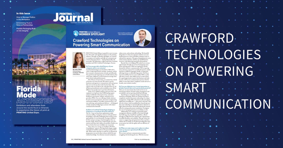 PRINTING United Alliance is proud to spotlight Crawford Technologies &amp; CEO Ernie Crawford. Since 1995, they’ve helped organizations deliver secure, efficient communications across industries.

Read their story ➡️ bit.ly/48dnknU