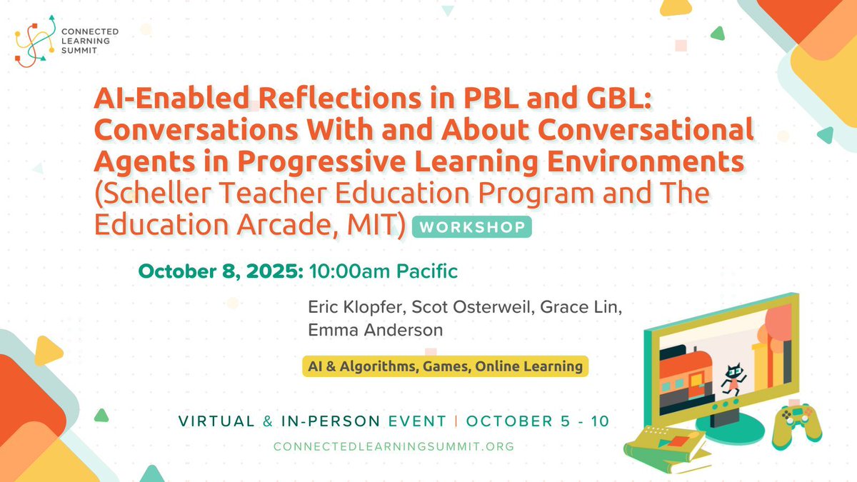 TheCLAlliance's tweet image. MIT’s @EducationArcade is sharing their method of incorporating metacognitive reflections to cement PBL and GBL learning on October 8th from 10am-12pm PT at the Connected Learning Summit!

✨ Register for #ConnectedLearning2025: connectedlearning.news/CLS2025-Regist…
