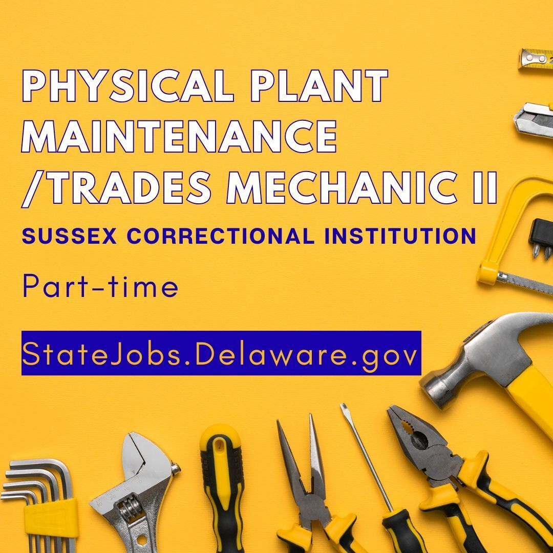 DECorrection's tweet image. 🔧 Looking for a part-time job?
The Sussex Correctional Institution is hiring a Physical Plant Maintenance/Trades Mechanic II!

👉 Apply today: jobapscloud.com/DE/?Keyword=&amp;amp;L…
#DelawareDOC #SCI #NowHiring #PartTimeJobs #SkilledTrades #SussexCounty