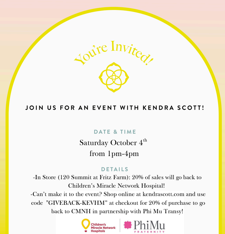 ✨ Shop for a cause!
🗓️ Saturday, Oct 4 | ⏰ 1–4 PM
📍 Kendra Scott @ Summit at Fritz Farm
💻 Online w/ code GIVEBACK-KEVHM

20% of sales benefit Kentucky Children’s Hospital via @CMNHospitals 💛
#ShopForMiracles #GiveBackKEVHM #CMNKentucky #PhiMuTransy #KendraScottGivesBack