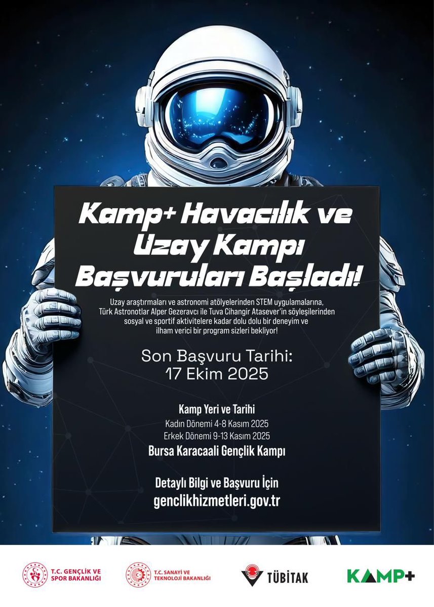 🚀 KAMP+ Havacılık ve Uzay Kampı başvuruları başladı!

Hayallerini gökyüzünün ötesine taşımanın tam zamanı! 🌌

Bilim, teknoloji ve uzay temalı bu özel kampta; uzay araştırmaları, astronotlarımız Alper Gezeravcı ve Tuva Cihangir Atasever ile söyleşiler ve sosyal etkinlikler seni