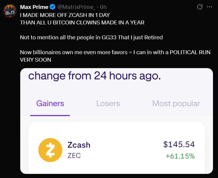 brightdiviner's tweet image. Gary told everyone to sell in GG33 but hes claiming Zcash when it crashed after he posted it and turned away from crypto. 

Telling everyone to sell their bags a crash is coming. 

This is peak grifting.