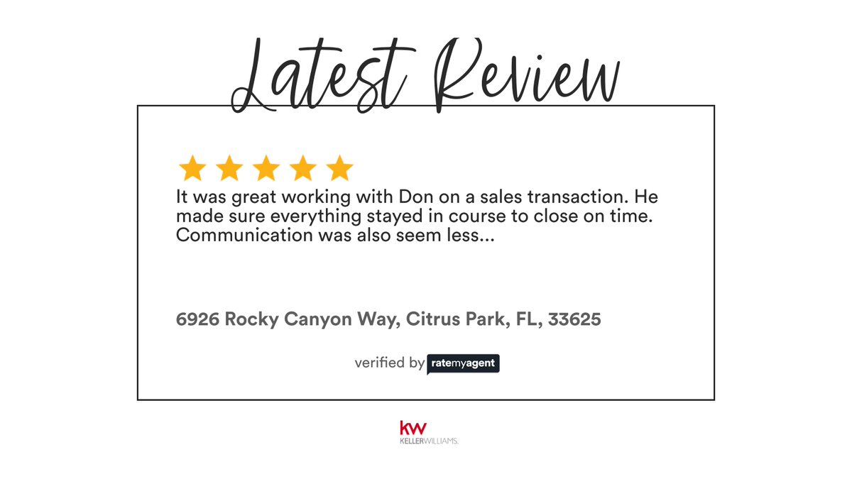 My latest RateMyAgent review in Citrus Park.
Fl SL3217193
rma.reviews/njngn514492h

...
#ratemyagent #realestate #KELLER_WILLIAMS_REALTY