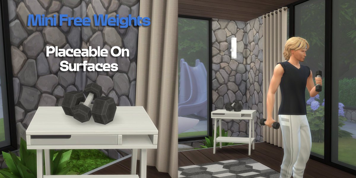 Fancy another one?

If you don't want a massive rack of weights in your Sims' homes, you can instead place these mini weights on any surface in your home.

Available for FREE on my Patreon 🏕️