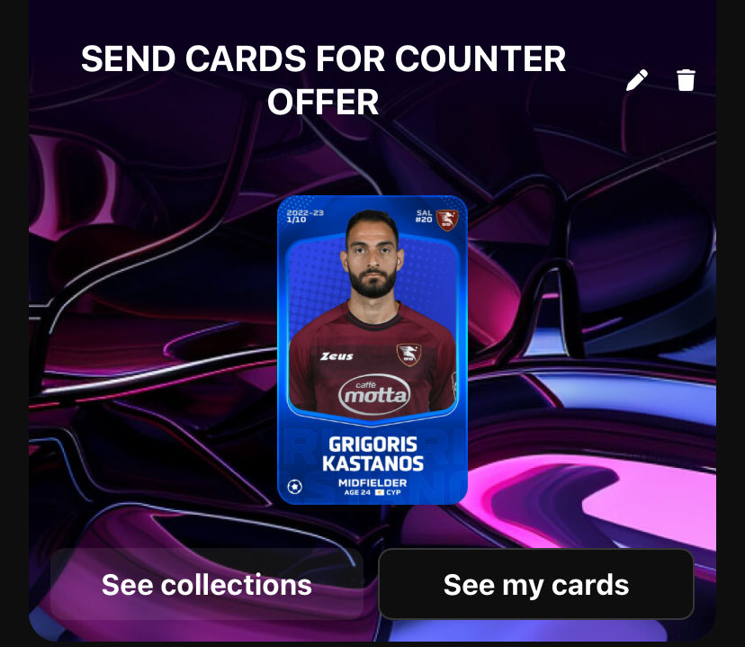 🚨 BUYING 🟡🔴CARDS NOW FOR 💰 
Send the cards you want to sell to my Kastanos for a quick counter offer 

#sorare #soraretrader 

Find my profile here ⬇️ 

sorare.com/football/my-cl…