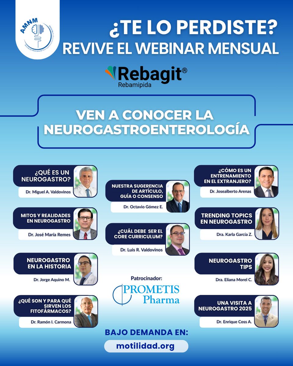📺 ¡Ya disponible bajo demanda!

Ahora puedes ver el webinar “Ven a conocer la Neurogastroenterología” cuando quieras y ponerte al día con los contenidos académicos más relevantes.

👉 motilidad.org/webinars/ven-a… 

#AMNM #WebinarAMNM #EducaciónMédicaContinua #Neurogastroenterología