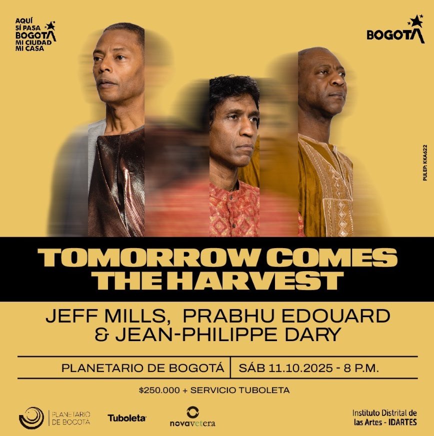 karltroller's tweet image. Jeff Mills, pionero del techno de Detroit, presenta su proyecto de jazz, afrobeat y electrónica experimental: Tomorrow Comes The Harvest, en el Planetario Bogotá. Fusión de percusiones tribales, texturas electrónicas y la improvisación del jazz. 
tuboleta.com/es/eventos/tom…