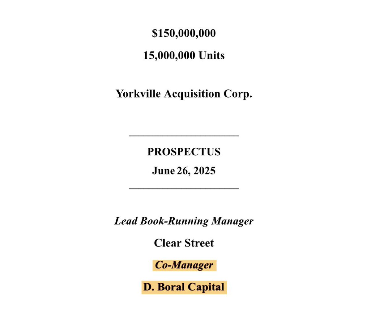 Spac__Trader's tweet photo. $BCAR $BCARW David Boral is the Chairman/CEO. His bank advised $DWAC on the $DJT deal. He may still have connections to Trump, given his bank is co-manager of $MCGA and co-book runner/advisor for the upcoming Donald Trump Jr. &amp; Eric Trump SPAC. $BCAR is ~$0.13 below ~$10.07 NAV. https://t.co/69DLdZj1sL