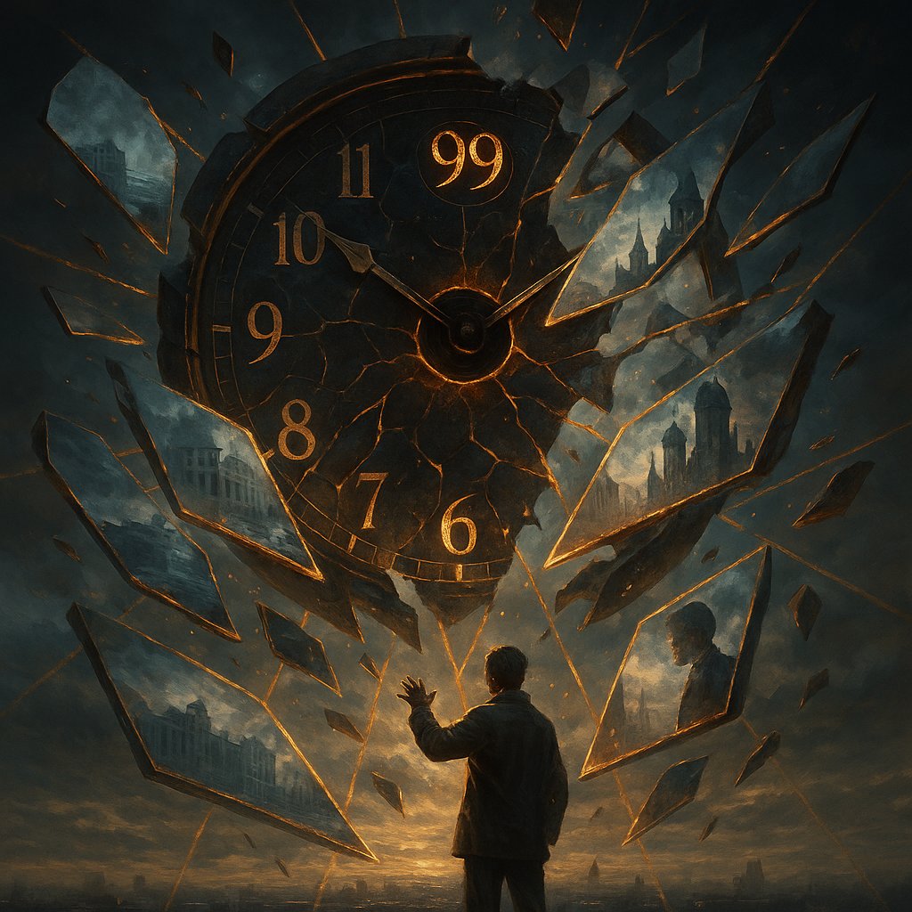 His clock showed times that shouldn’t exist—25:61, 48:03, 99:99—yet the world obeyed them. Trains departed at 73:45, people met at 143:22. Only he saw the truth: impossible hours were stitches, reality resetting itself while everyone else forgot.