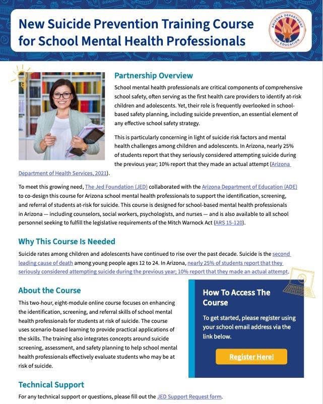 𝔽𝕣𝕖𝕖 𝕎𝕠𝕣𝕜𝕤𝕙𝕠𝕡!
#AASP2025  #suicideprevention 
<a href="/azedschools/">Arizona Department of Education</a> in partnership with the <a href="/jedfoundation/">JED</a> This course meets the legislative requirements of the Mitch Warnock Act! Check out the press release!
jedfoundation.org/school-mental-…