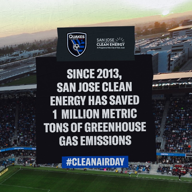 SJEarthquakes's tweet photo. Happy Clean Air Day 💚@sjcleanenergy has helped save 1M metric tons of greenhouse gas emissions since 2023 — gases that trap heat in our atmosphere &amp; warm the planet. 🌍 Read their blog to learn more 👇🏻