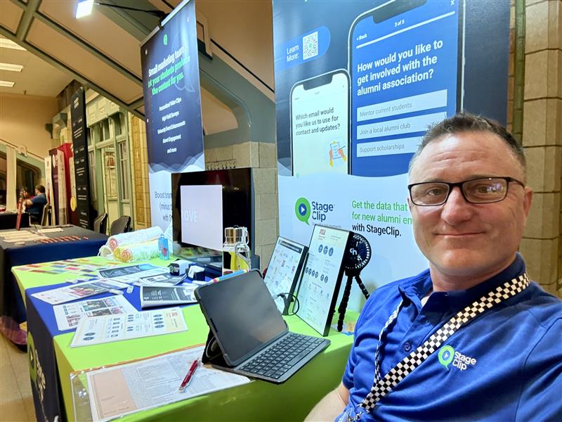 StageClip's tweet photo. Are you at #NCMPR District 3 this week? Stop by and say hello to Matthew Redd at the StageClip booth! Learn how StageClip can help you boost engagement and give your newest alums a personalized welcome to your alumni association! https://t.co/RJk5hBHOin