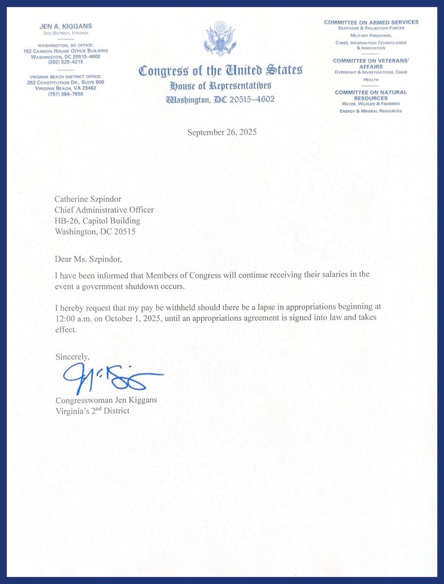 RepJenKiggans's tweet photo. I have requested that my pay be withheld during the shutdown. Members of Congress shouldn’t be paid while hardworking Americans are held hostage at the hands of this partisan Democrat shutdown. https://t.co/XK0CA13wRt