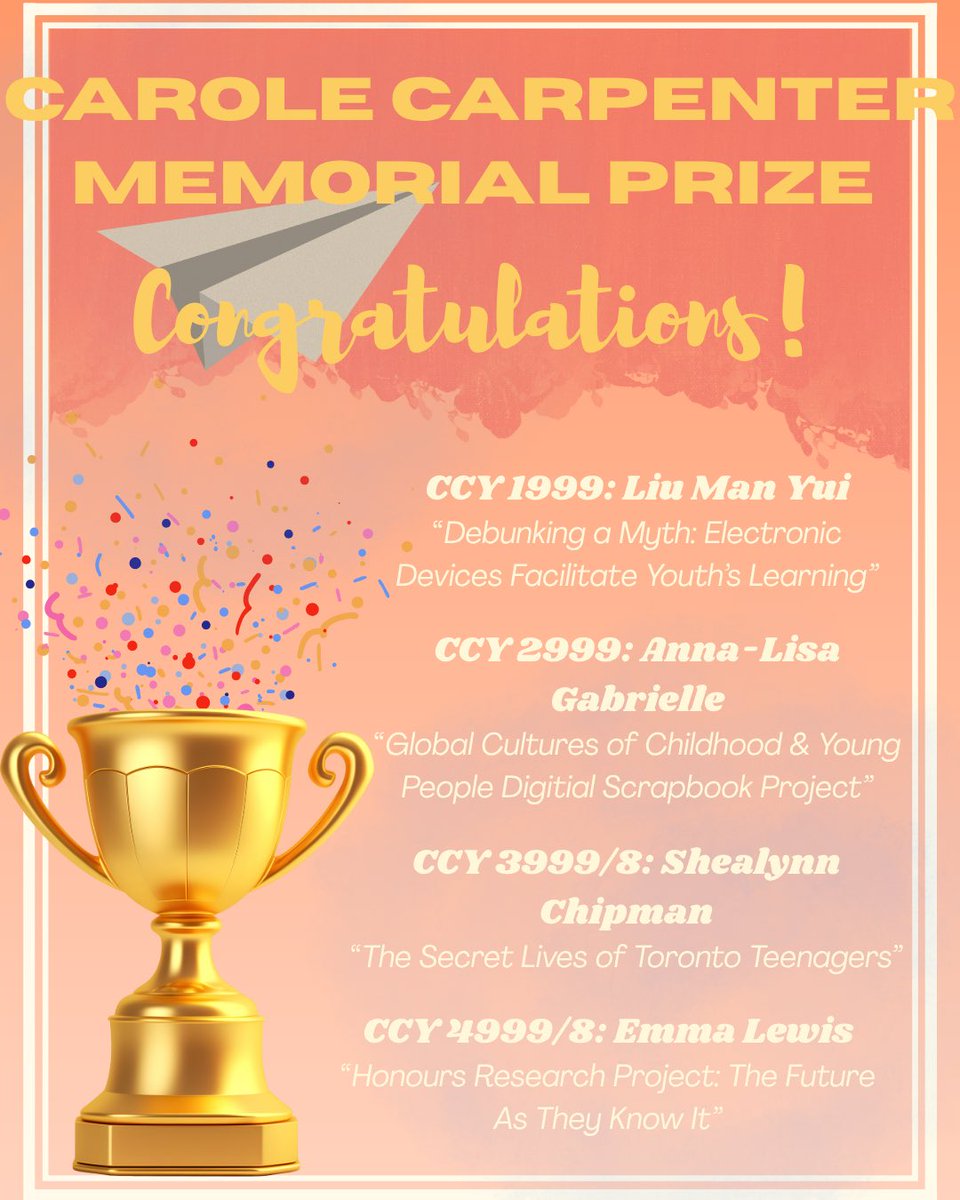 After much deliberation and perusal of some truly impressive essays by our CCY students, we are pleased to announce the names and titles of essays that are the 2024-2025 successful recipients of the Carole Carpenter Awards!

Congratulations! 

Read more: yorku.ca/laps/student-a…