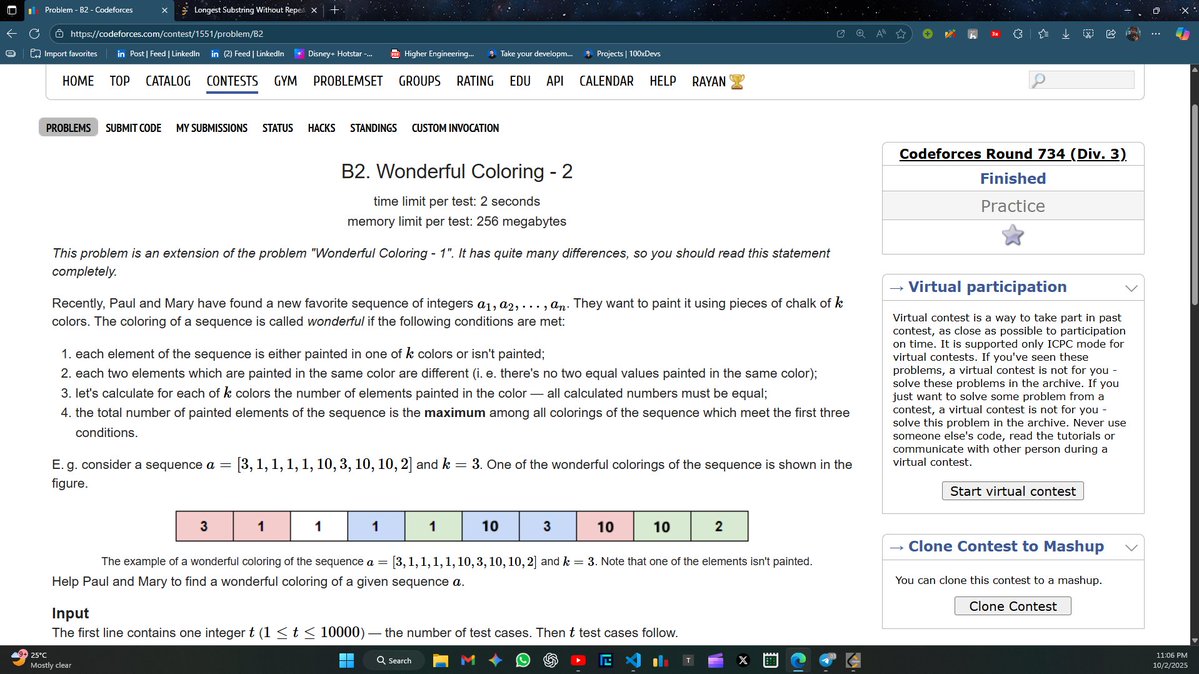parveen125690's tweet image. Day 51 of #100DaysOfCode
🔹Solved B2. Wonderful Coloring - 2
🔹Solved using greedy approach where we have to color elements in same no of colors of k
#Codeforces #Leetcode #DSA #ProblemSolving